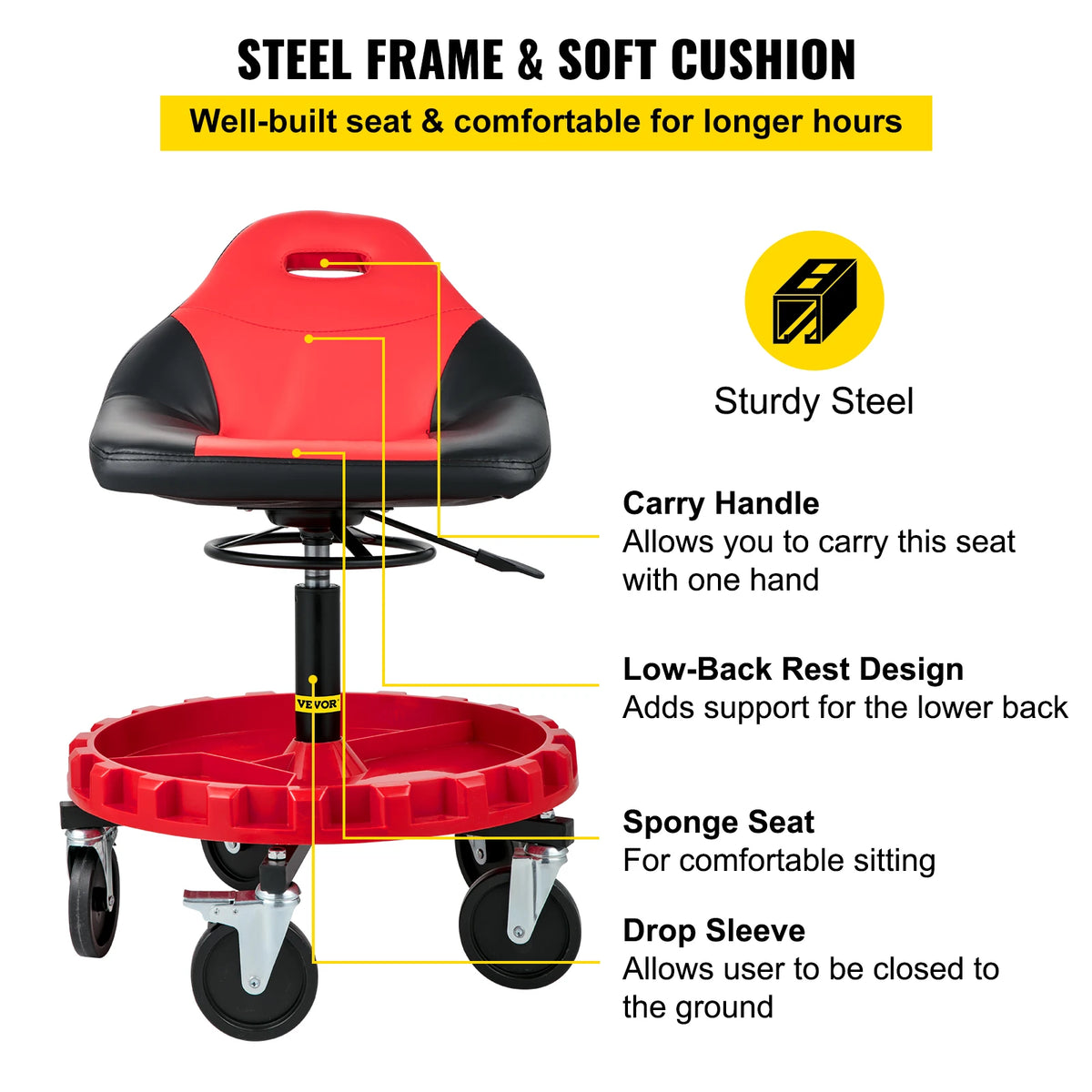 SucceBuy Adjustable Rolling Garage Stool With Tool Tray And Casters