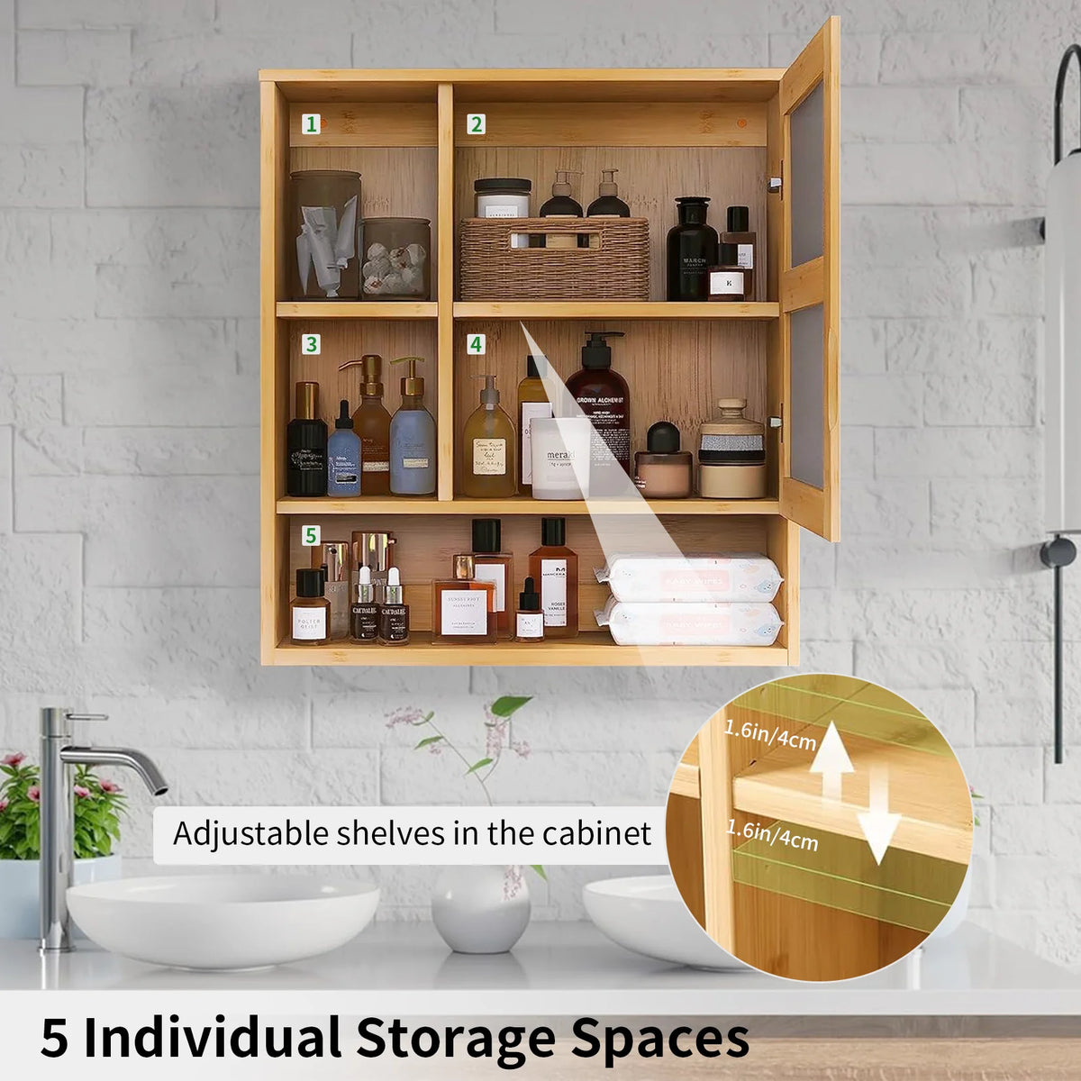 Wall Mounted Natural Bamboo Medicine Cabinet Five Open Storage Shelves
