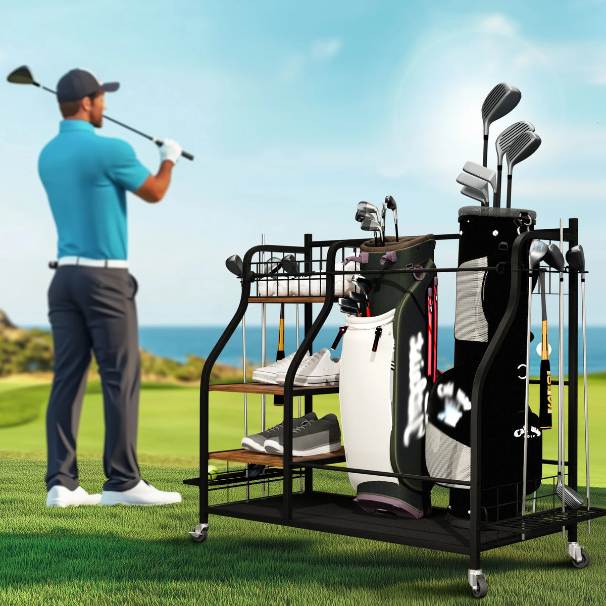 Three Tier Rolling Metal Sports Equipment Storage Organizer Rack