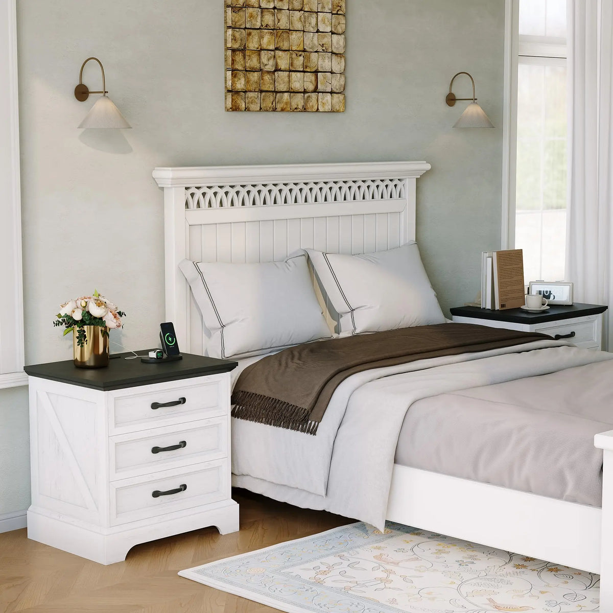 Modern Wood Nightstand With Charging Station And Three Drawers