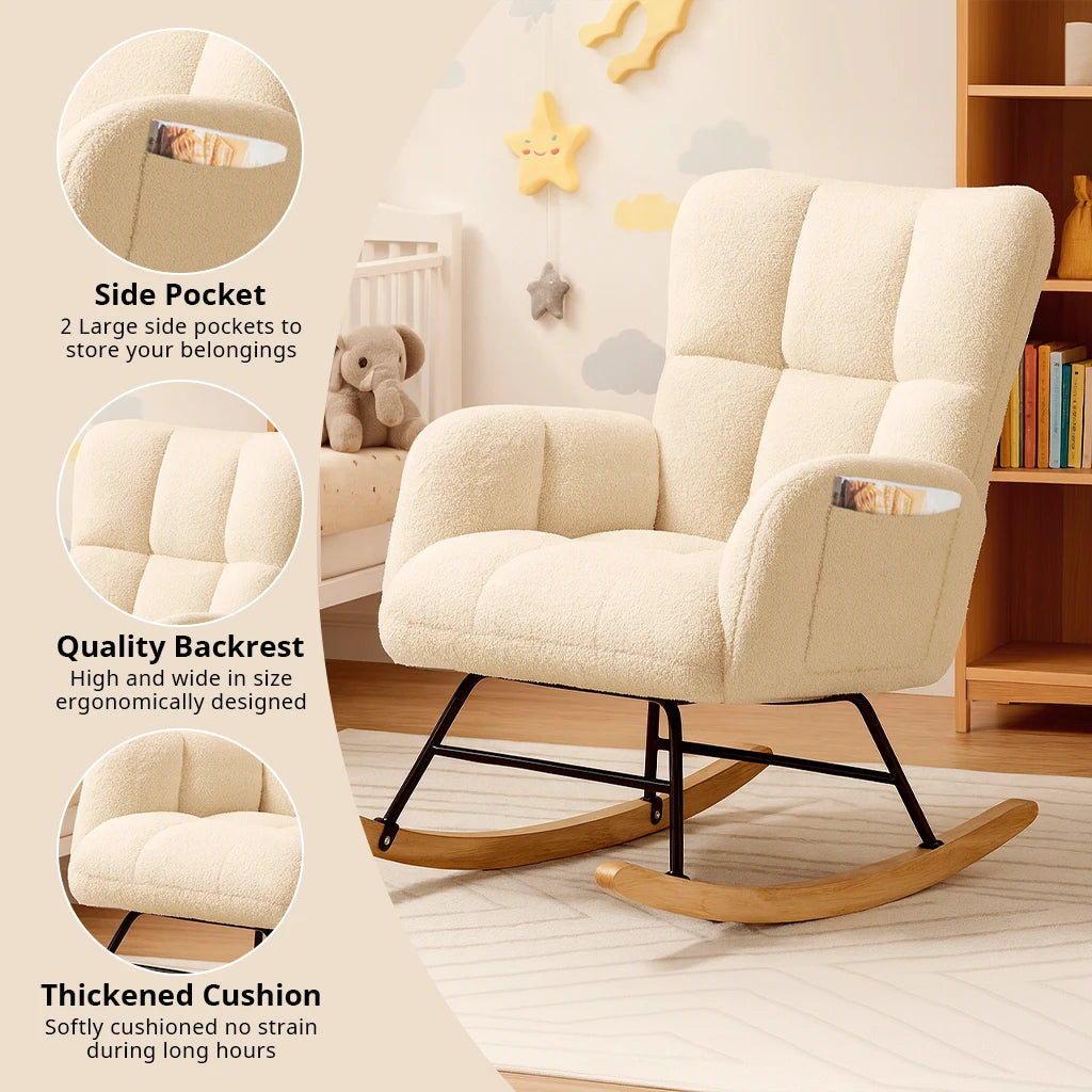 Comhoma Modern Velvet Nursery Rocking Chair With Side Pockets