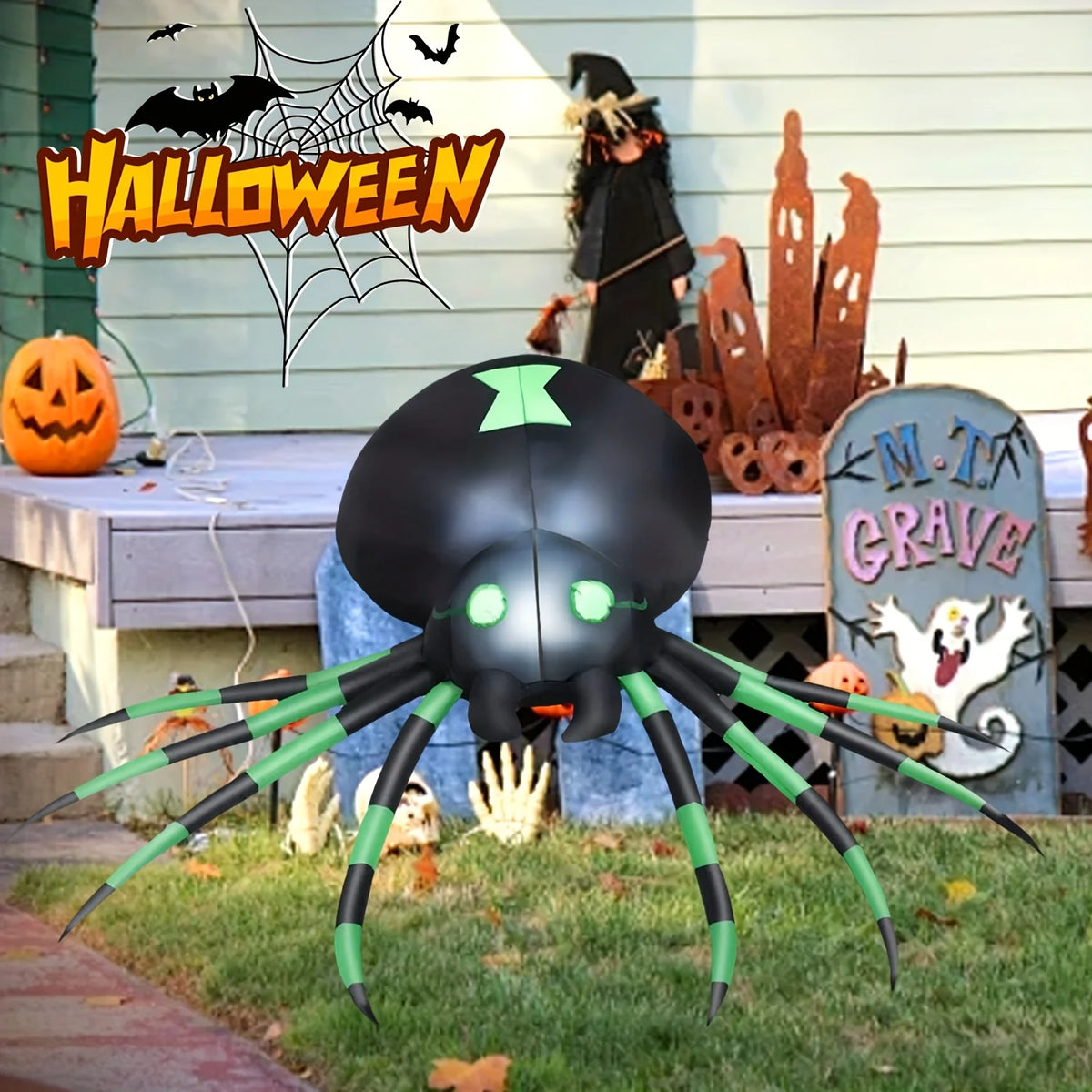 LED Inflatable Spider Halloween Yard Decor With Stakes And Blower