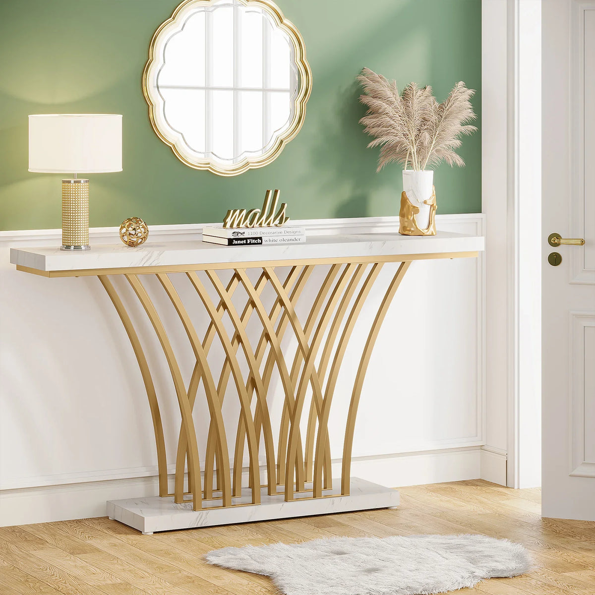 Tribesigns Modern Console Table With Grid Metal Base For Entryway