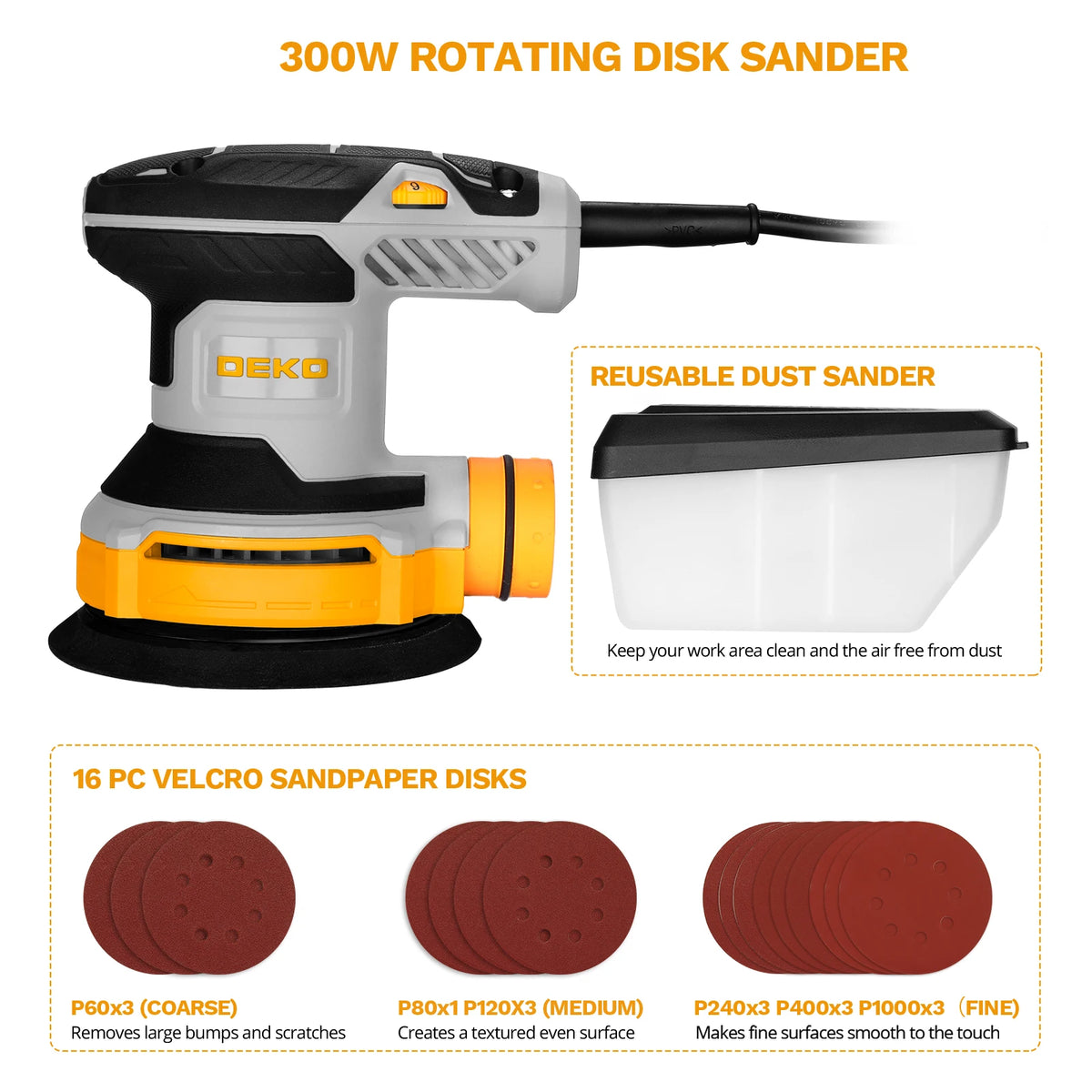 DEKO Powerful Orbital Sander With Efficient Dust Collection
