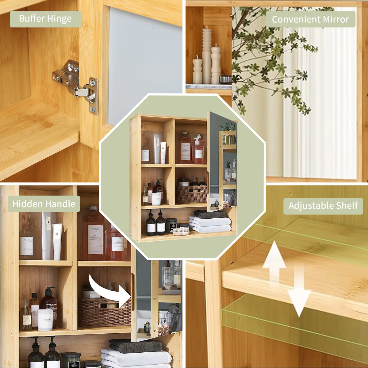Wall Mounted Natural Bamboo Medicine Cabinet Five Open Storage Shelves
