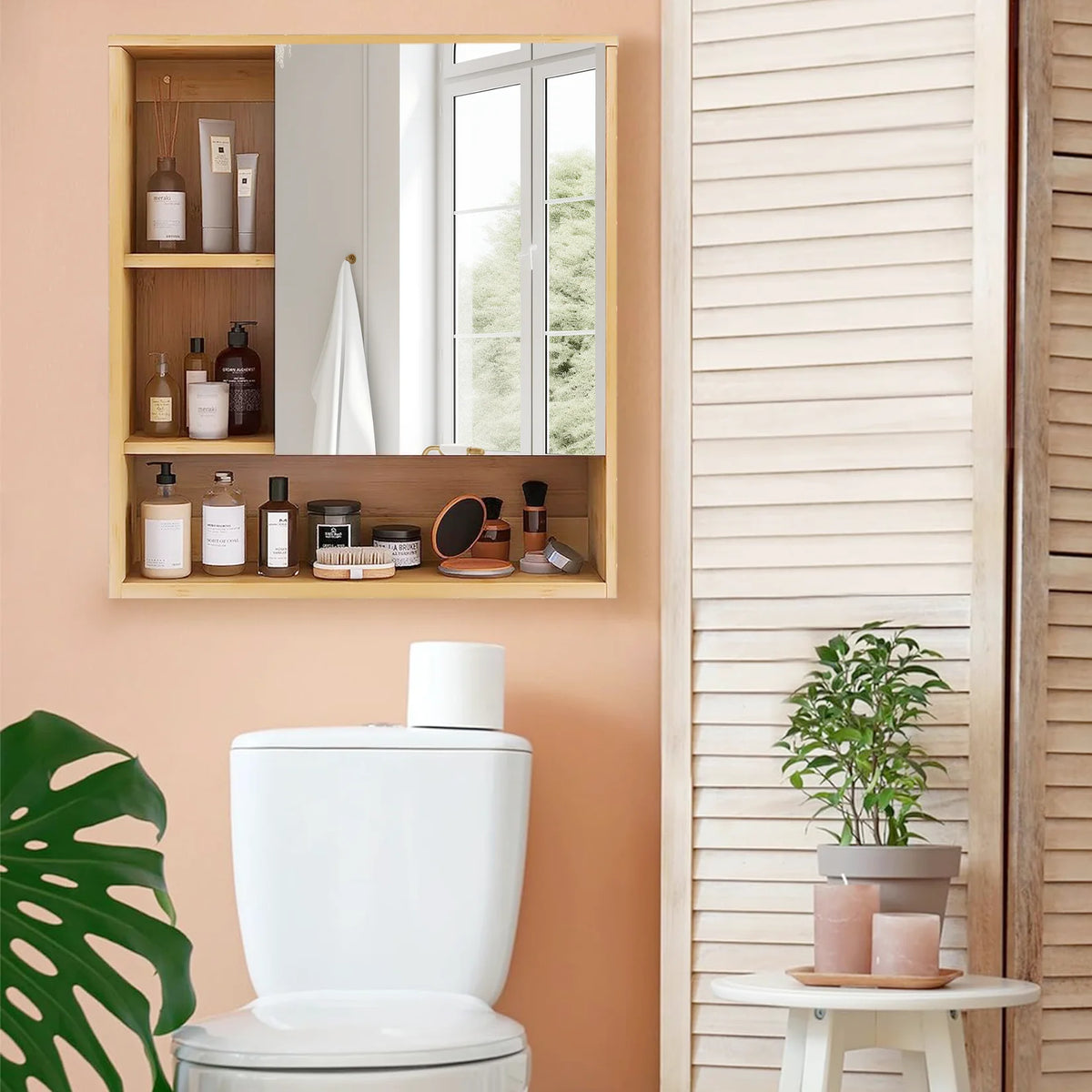 Wall Mounted Natural Bamboo Medicine Cabinet Five Open Storage Shelves
