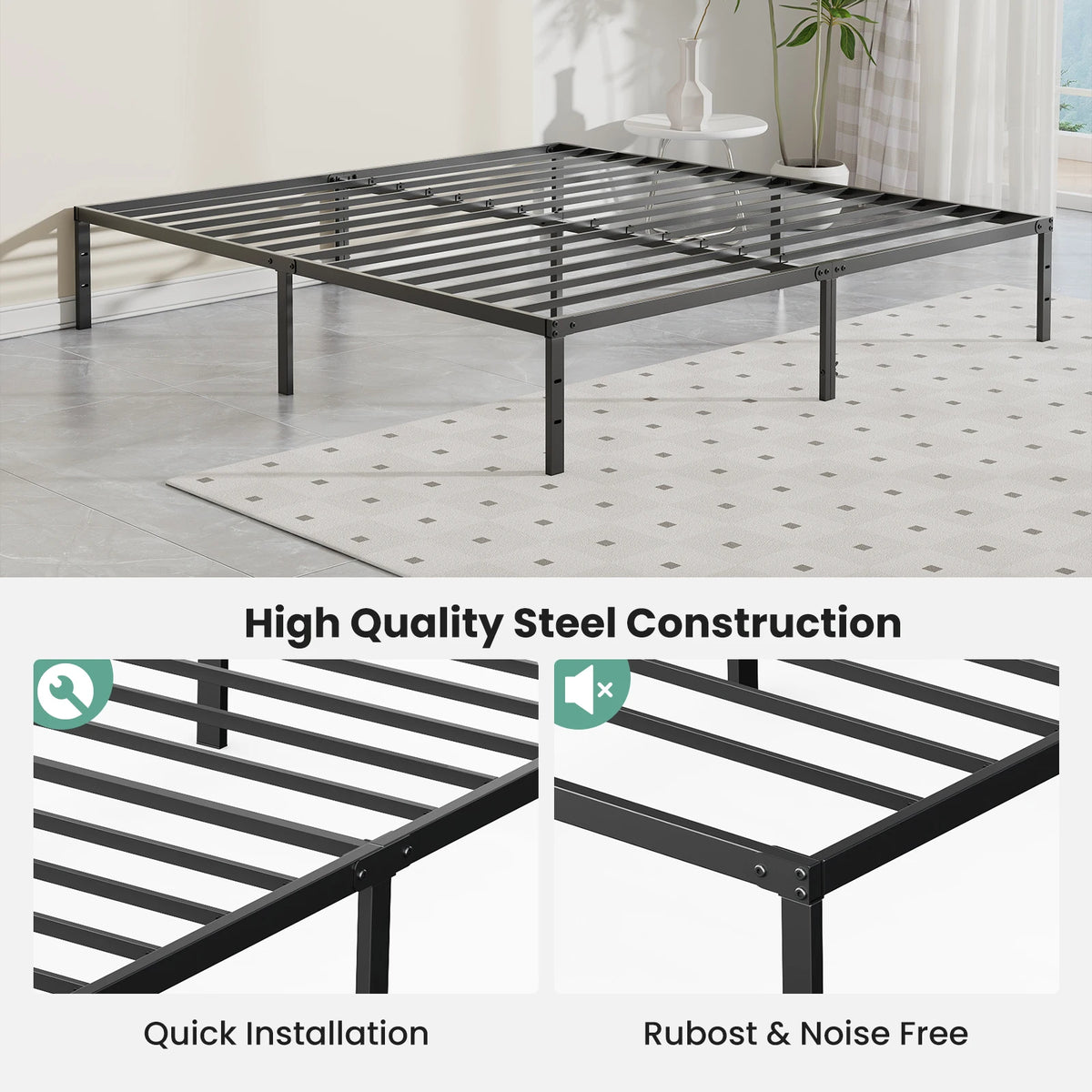 JHK Heavy Duty Steel Platform Bed Frame With Slat Support