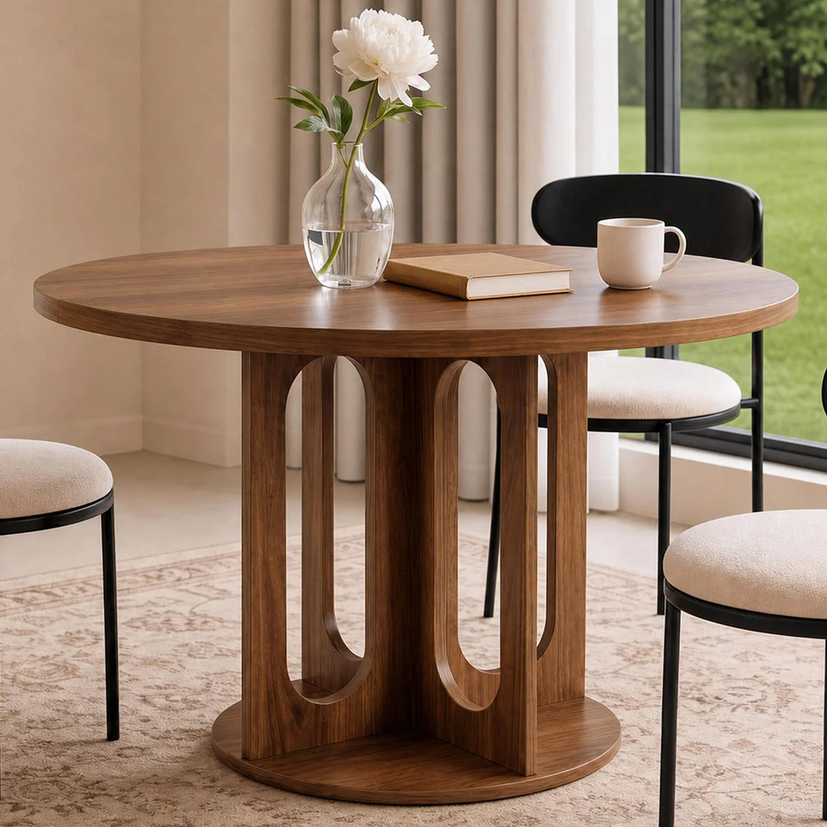 HiMiss Modern Round Dining Table With Arch Pedestal Wooden Base
