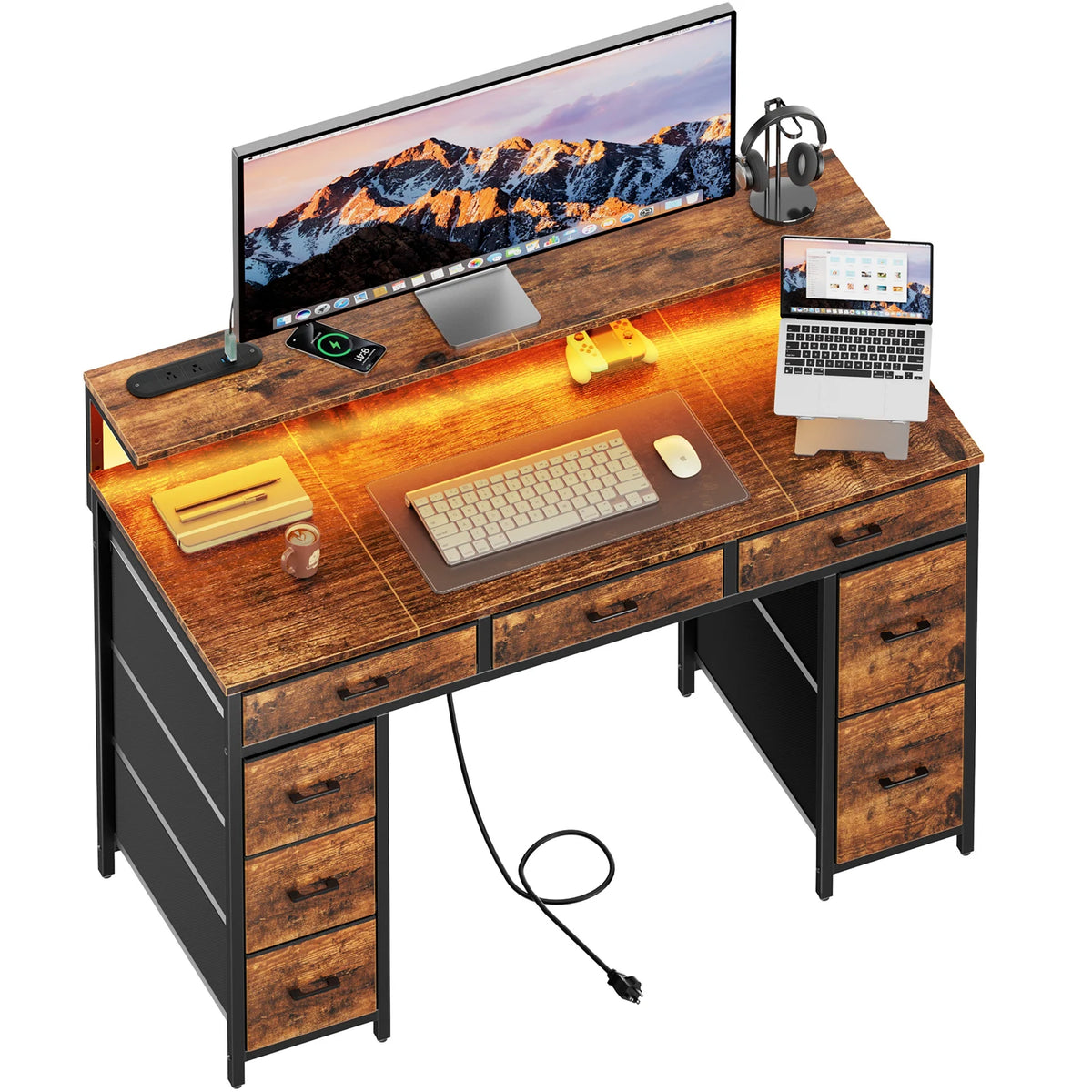 FRODROVIA Modern Computer Desk With Storage Drawers And Led Lights