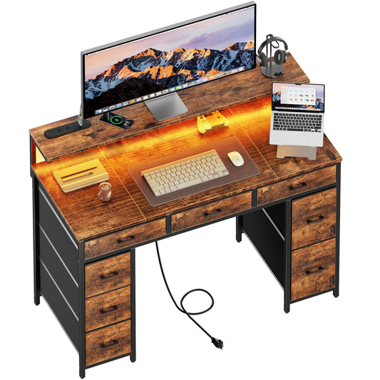 FRODROVIA Modern Computer Desk With Storage Drawers And Led Lights
