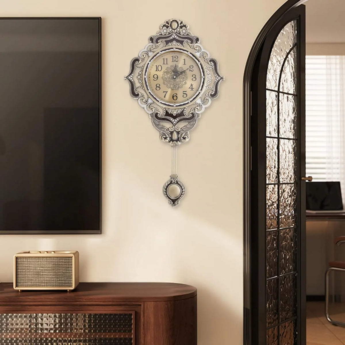 Classic Retro Wall Clock Featuring A Swinging Metal Pendulum