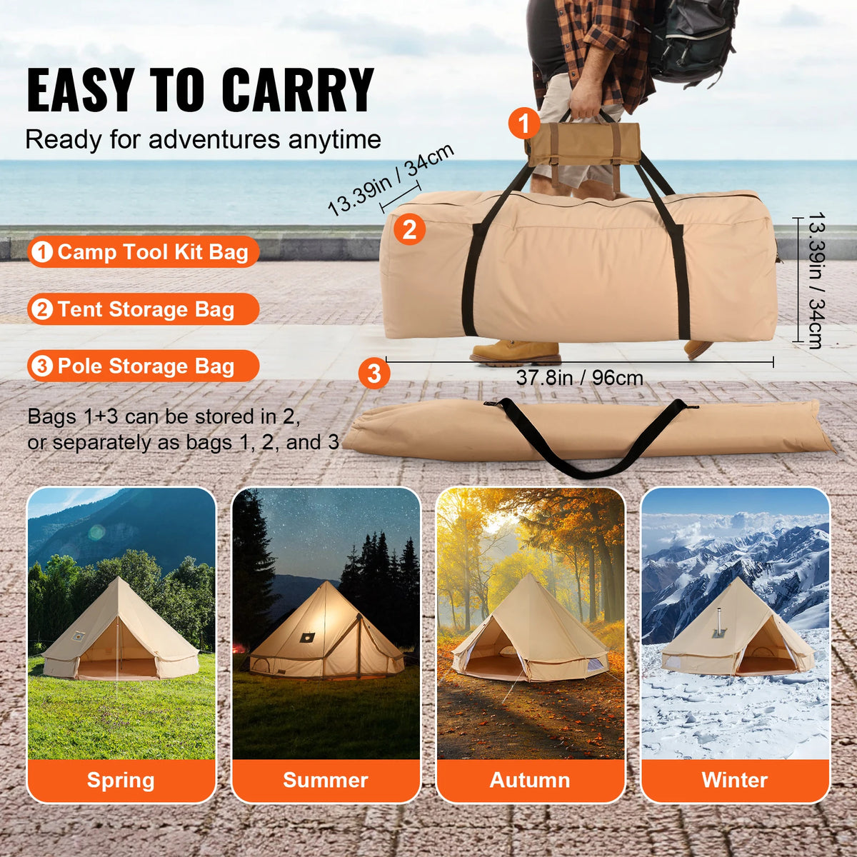 SucceBuy Canvas Bell Tent For Four Seasons Camping With Chimney