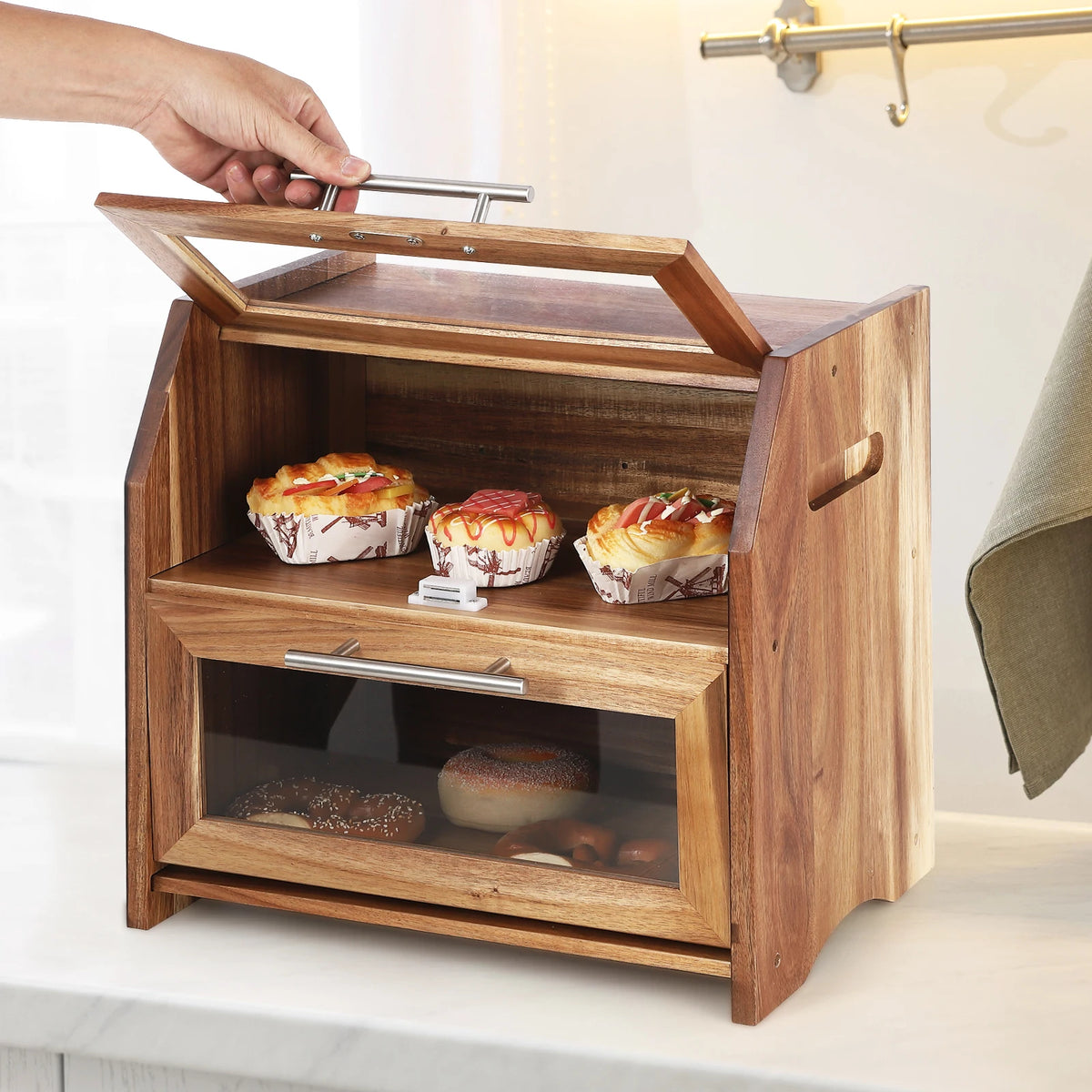 Acacia Wood Double Layer Bread Box With Viewing Window