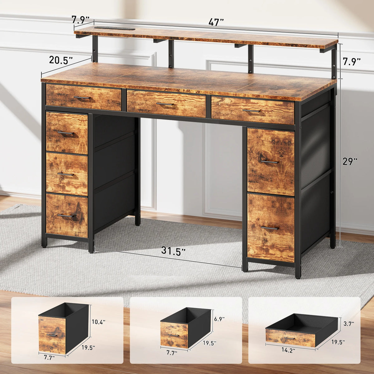FRODROVIA Modern Computer Desk With Storage Drawers And Led Lights