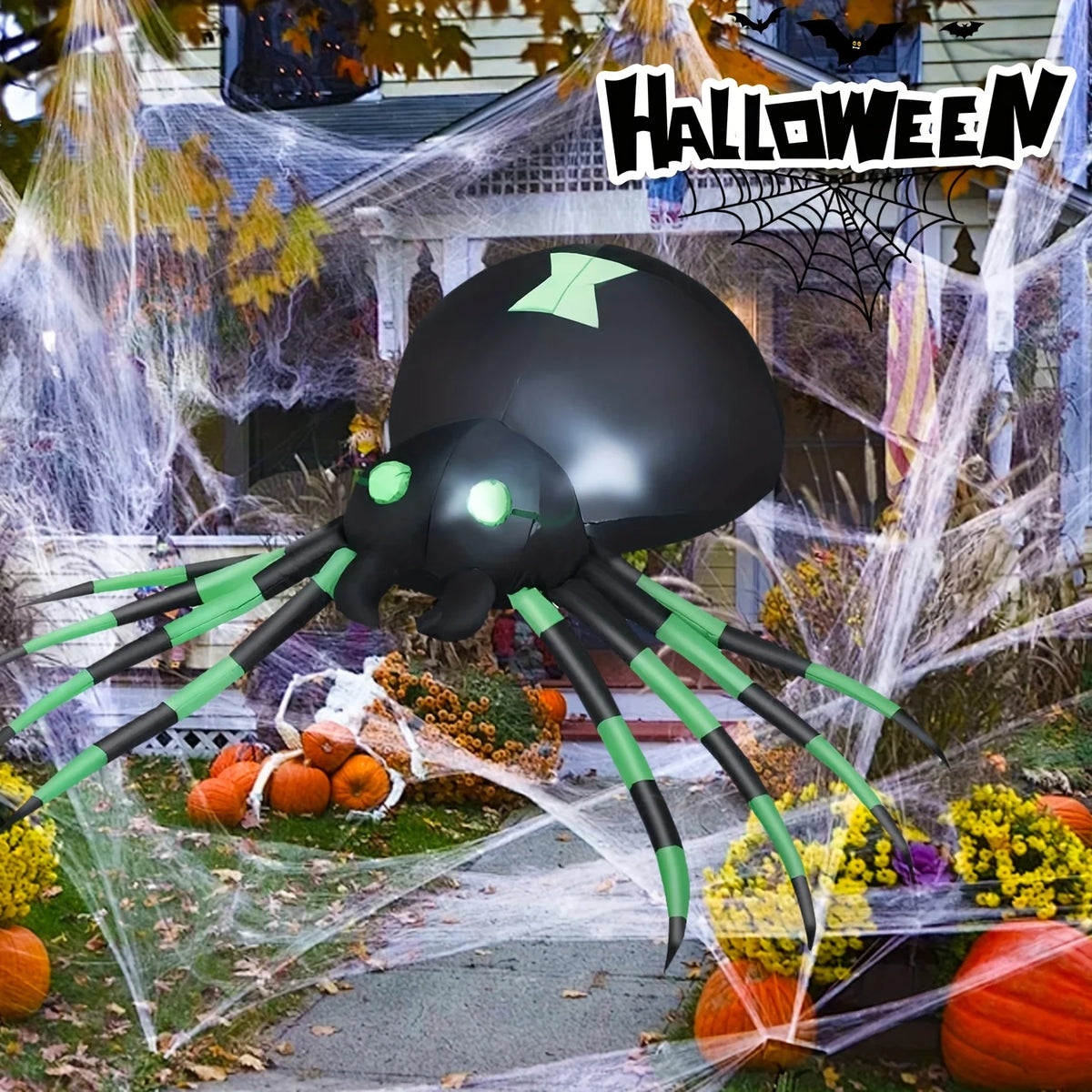 LED Inflatable Spider Halloween Yard Decor With Stakes And Blower