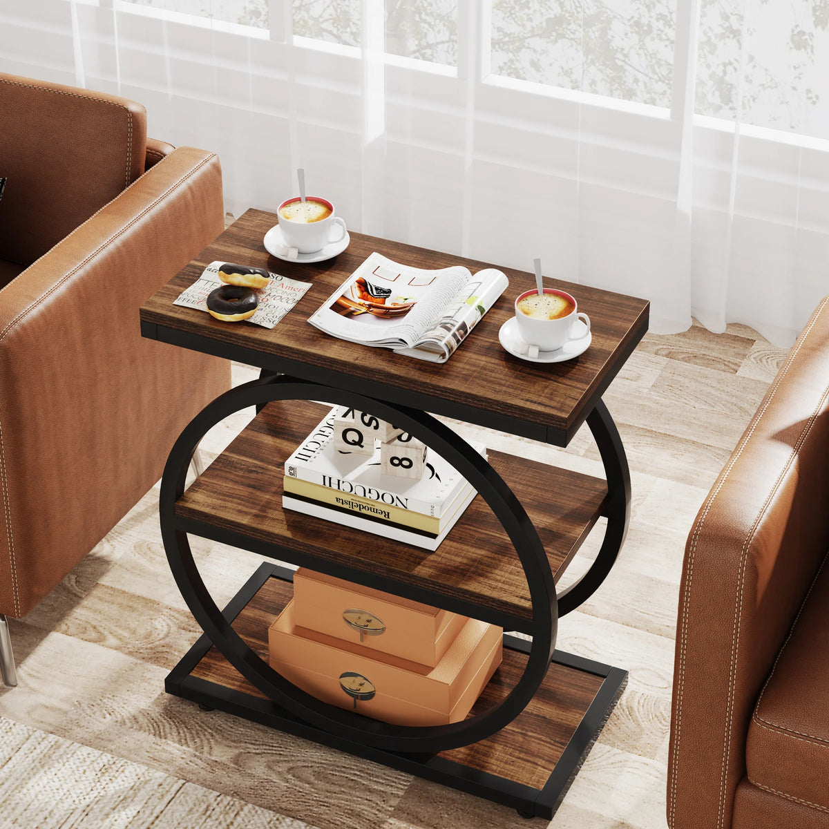 Tribesigns Industrial End Table With Three Tier Storage Shelves