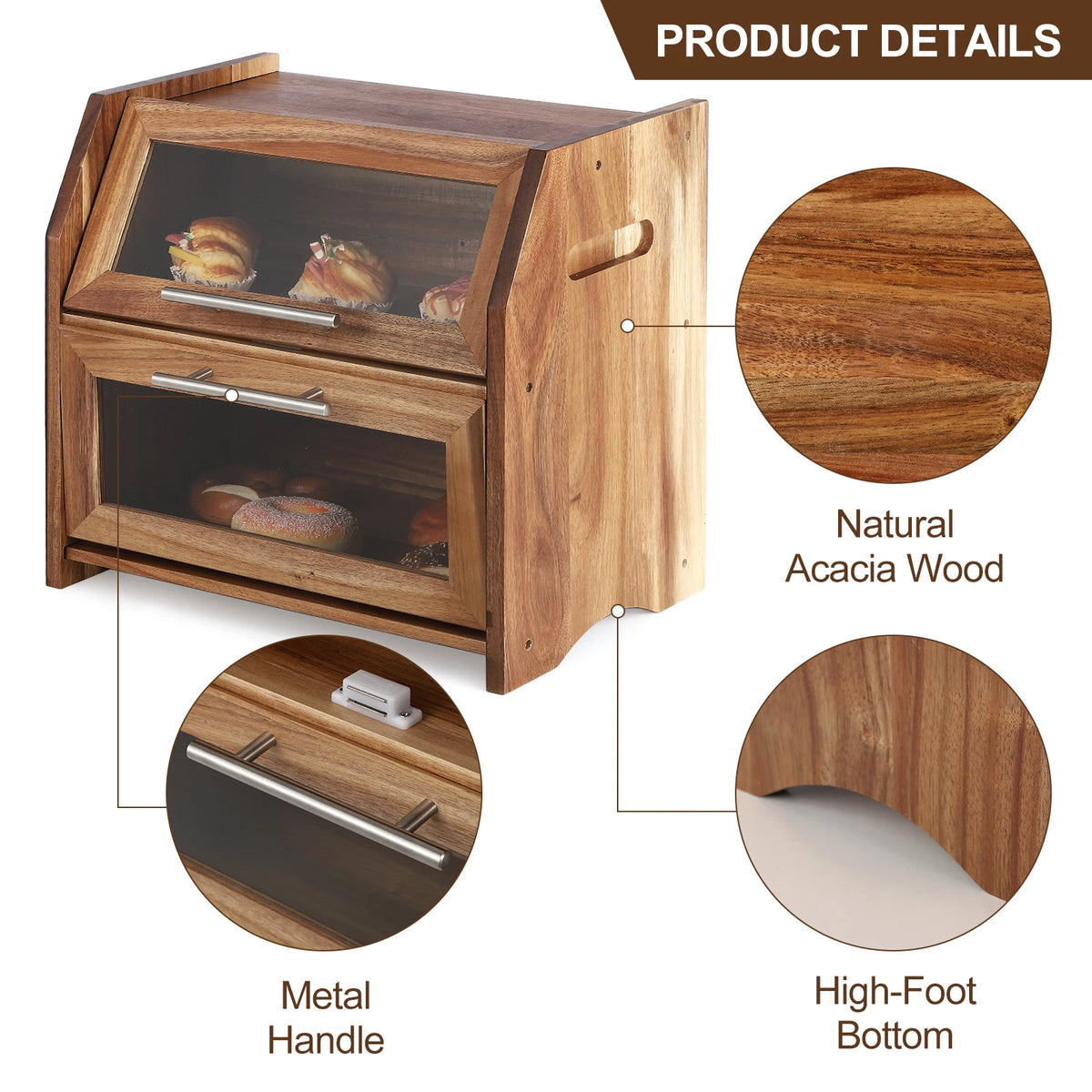 Acacia Wood Double Layer Bread Box With Viewing Window