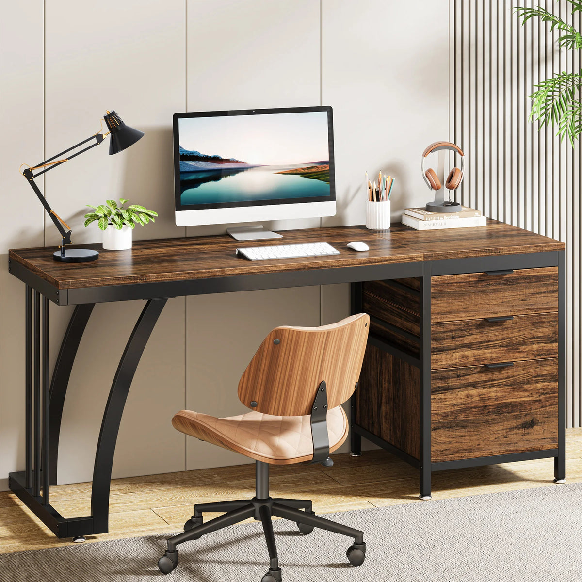 Tribesigns Industrial PC Desk Three Reversible Wooden Drawers Writing Table