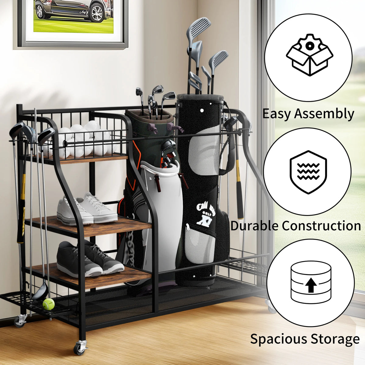 Three Tier Rolling Metal Sports Equipment Storage Organizer Rack