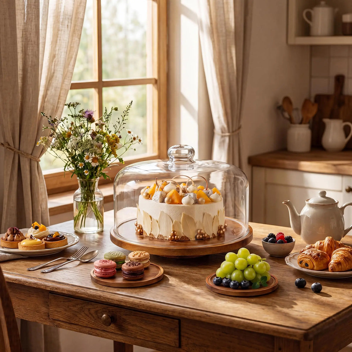 Acacia Wood Rotating Cake Stand With Clear Protective Glass Dome