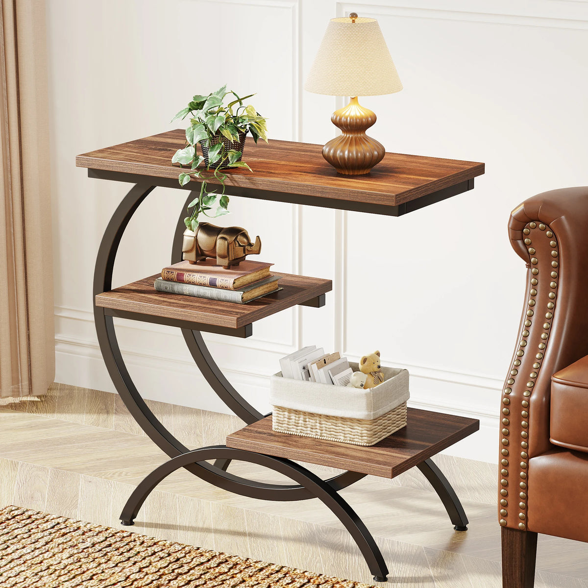 Tribesigns Industrial C Shaped End Table With Storage Shelves