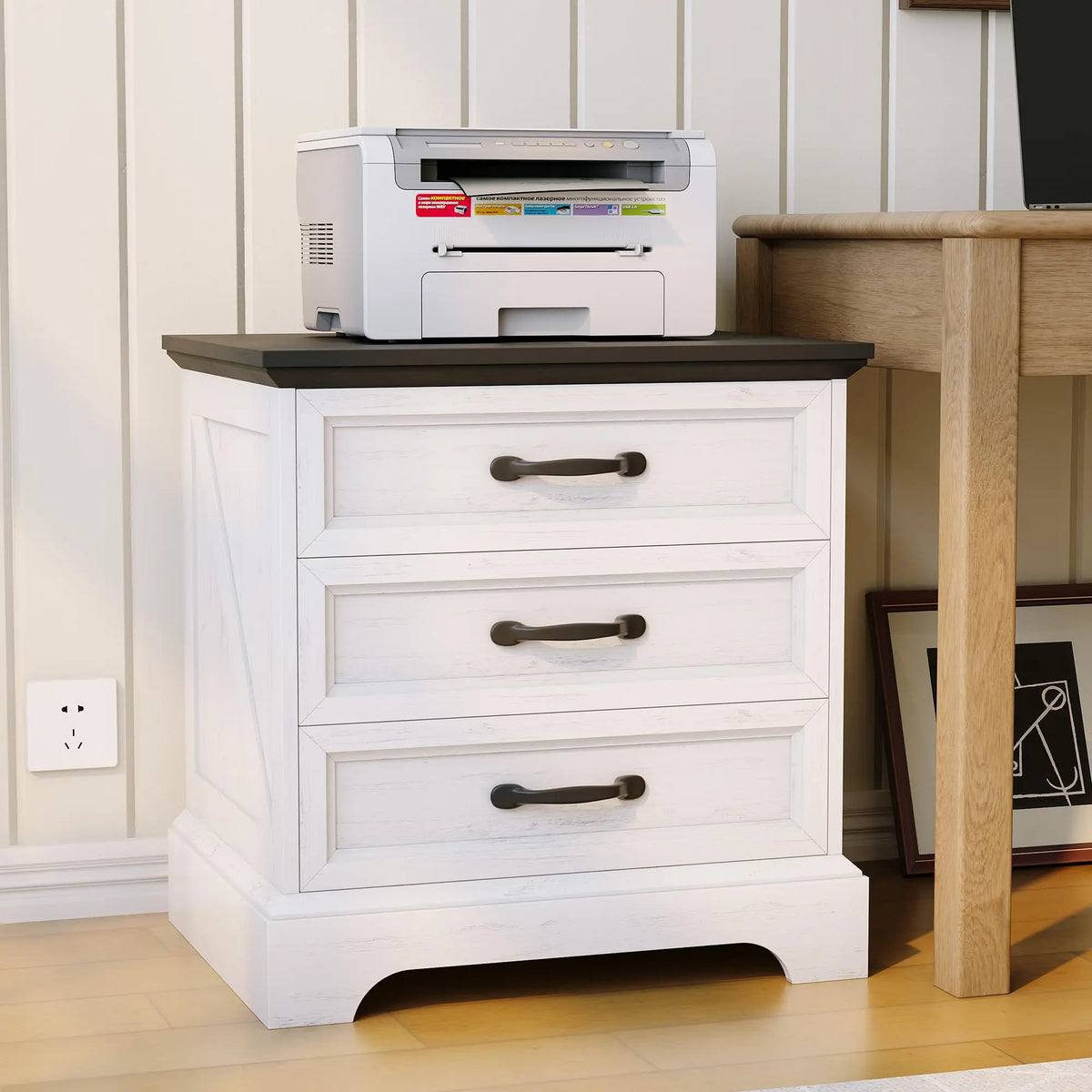 Modern Wood Nightstand With Charging Station And Three Drawers