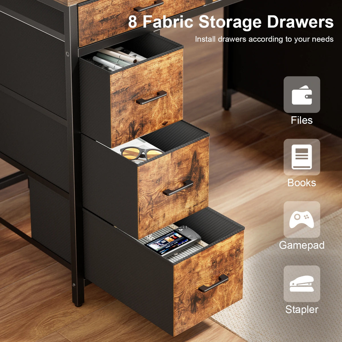 FRODROVIA Modern Computer Desk With Storage Drawers And Led Lights