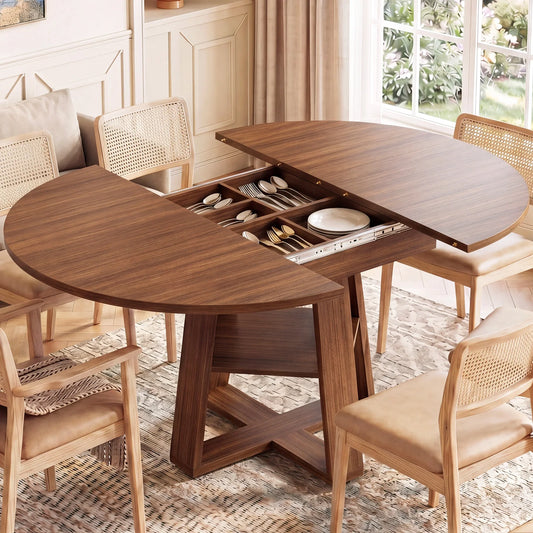 JHK Extendable Wood Dining Table With Storage Shelf Pedestal Base