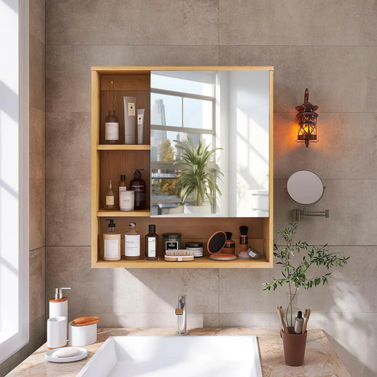 Wall Mounted Natural Bamboo Medicine Cabinet Five Open Storage Shelves