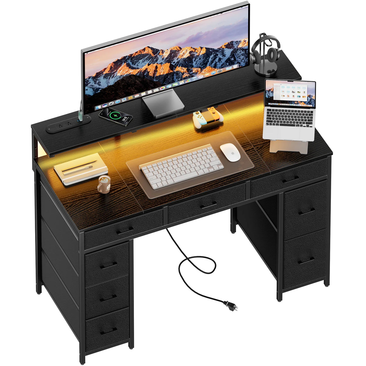 FRODROVIA Modern Computer Desk With Storage Drawers And Led Lights