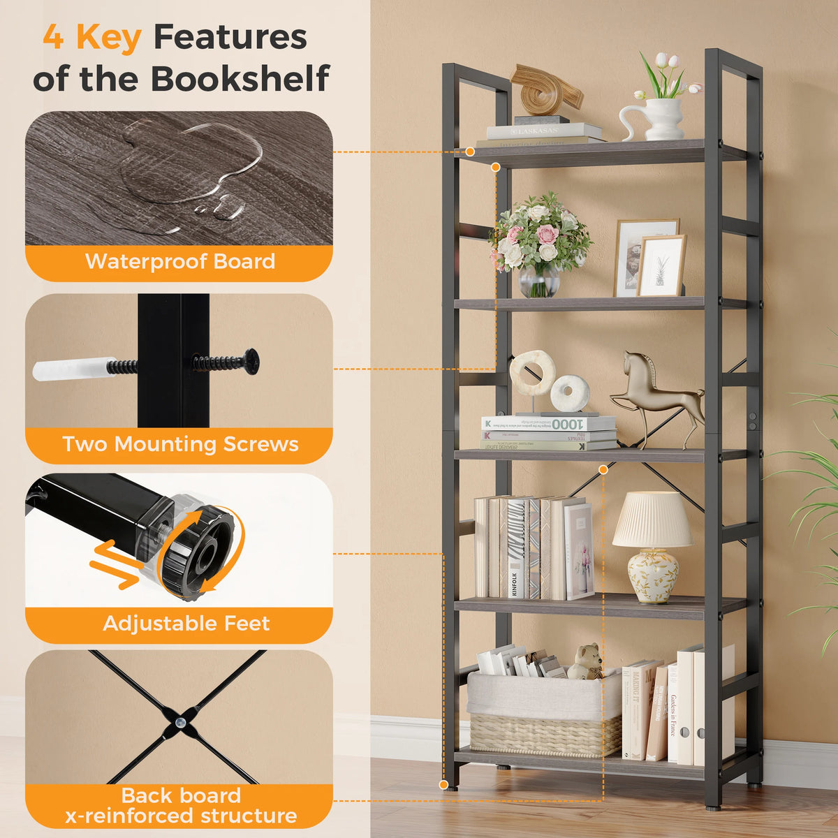 MCQ Wooden Five Tier Storage Bookshelf For Living Room