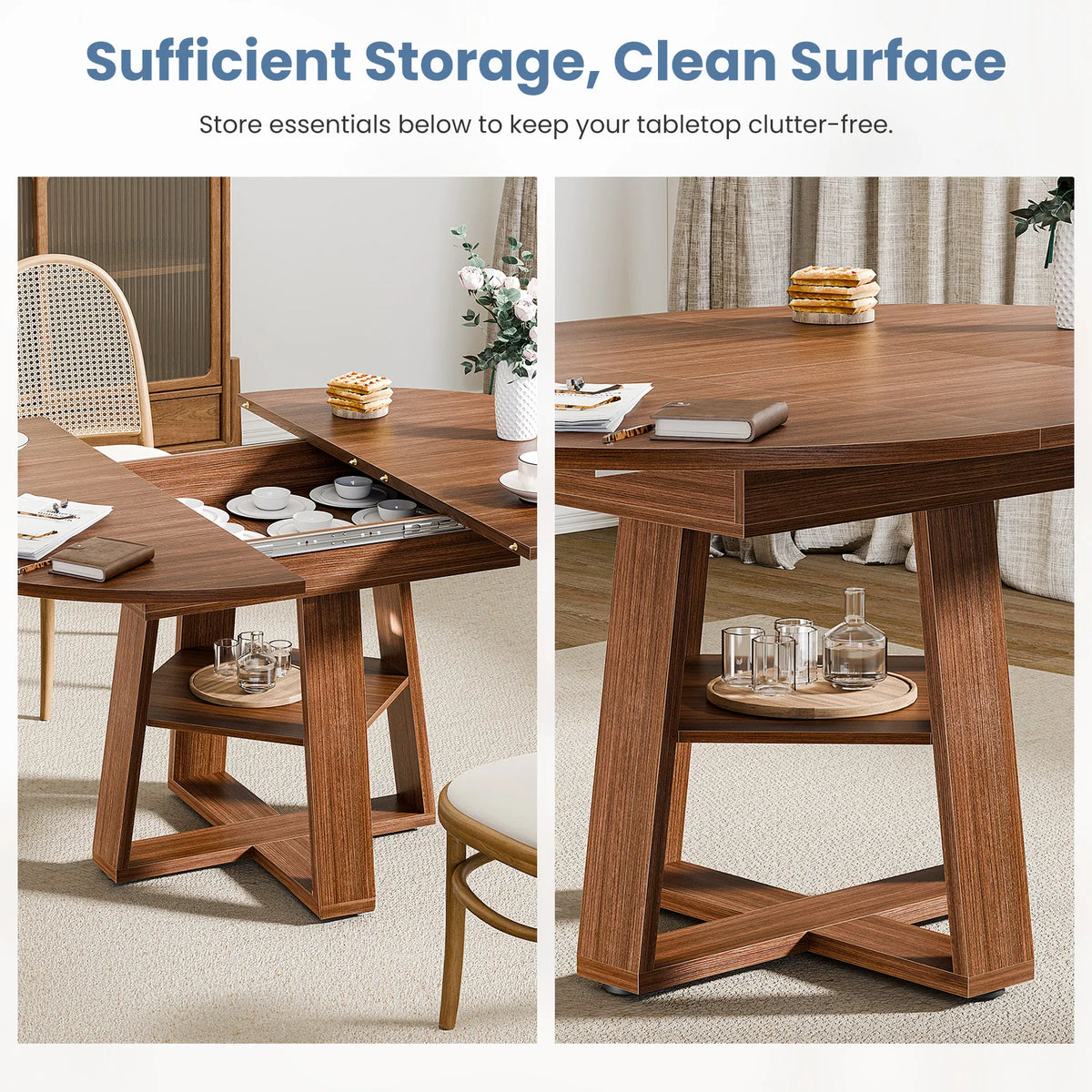 JHK Extendable Wood Dining Table With Storage Shelf Pedestal Base
