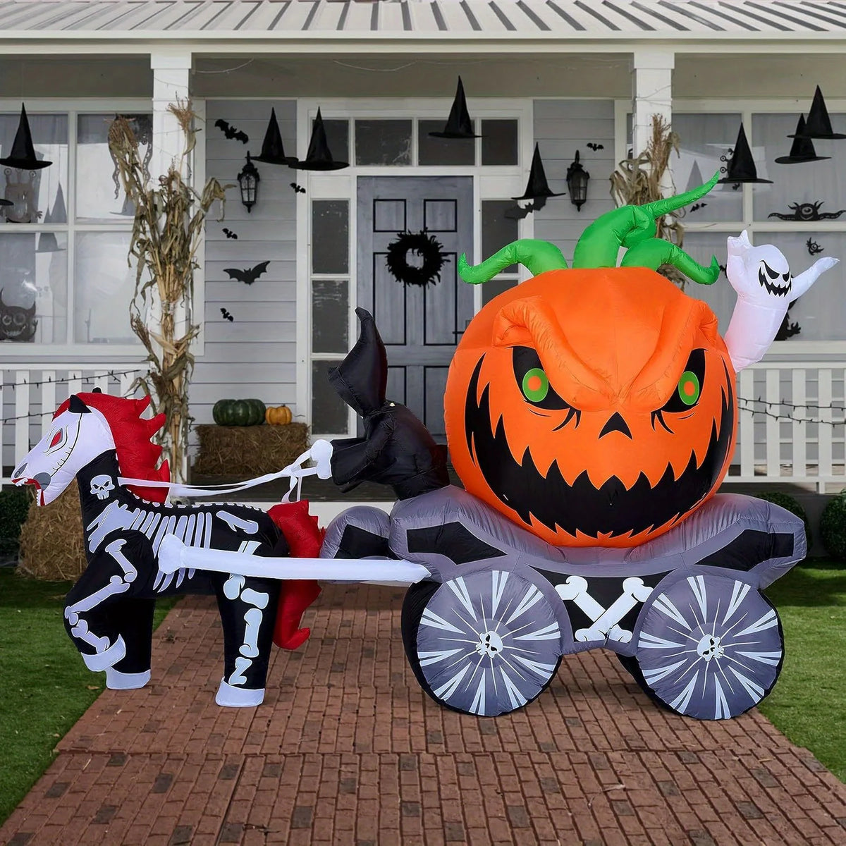 Halloween Inflatable Pumpkin Carriage With Built In LED Lights