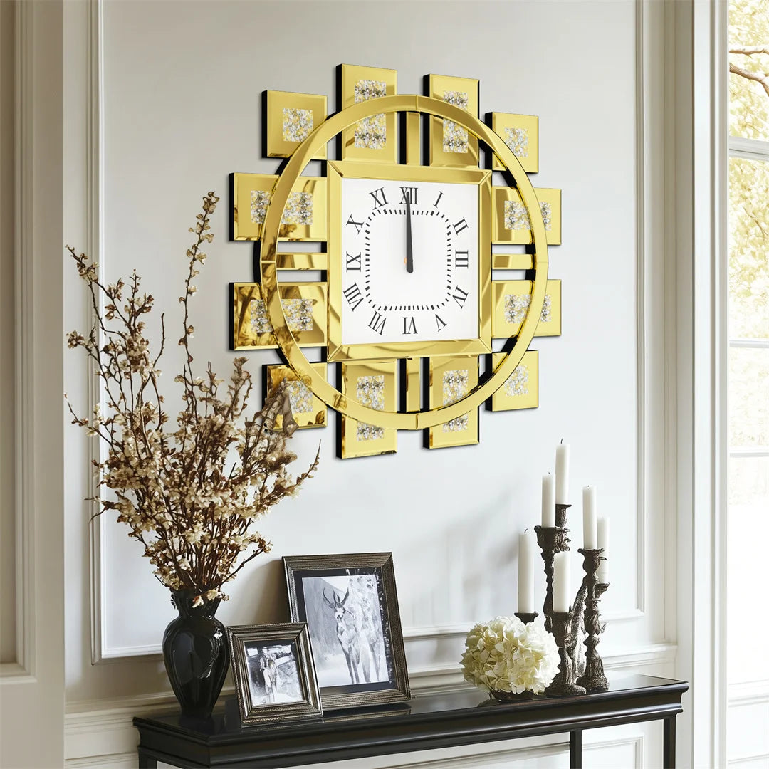 Decorative Resin Wall Clock With Crystal Diamond Inlay Battery Operated