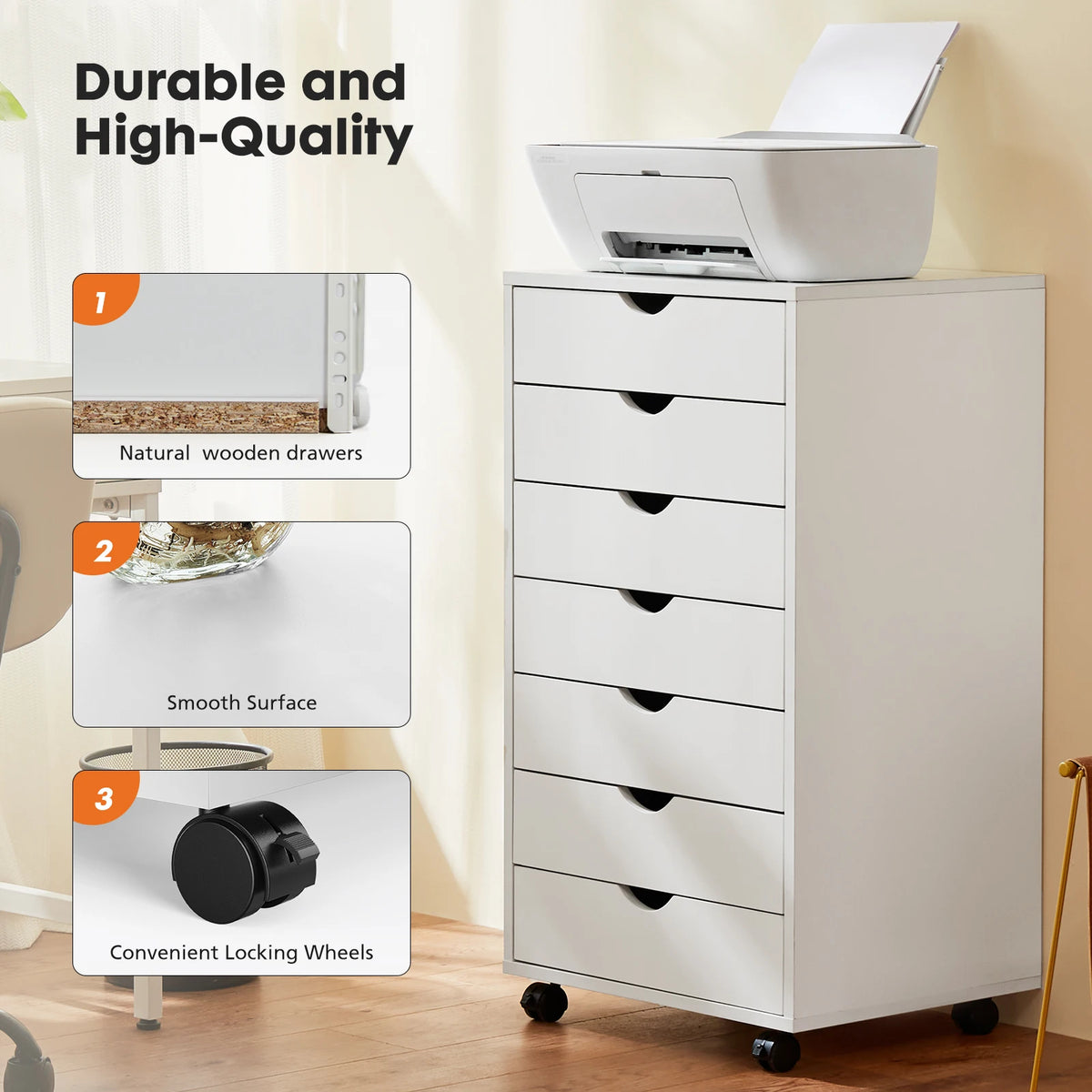 JHK 7 Drawer Wooden Storage Cabinet With Rolling Wheels Base