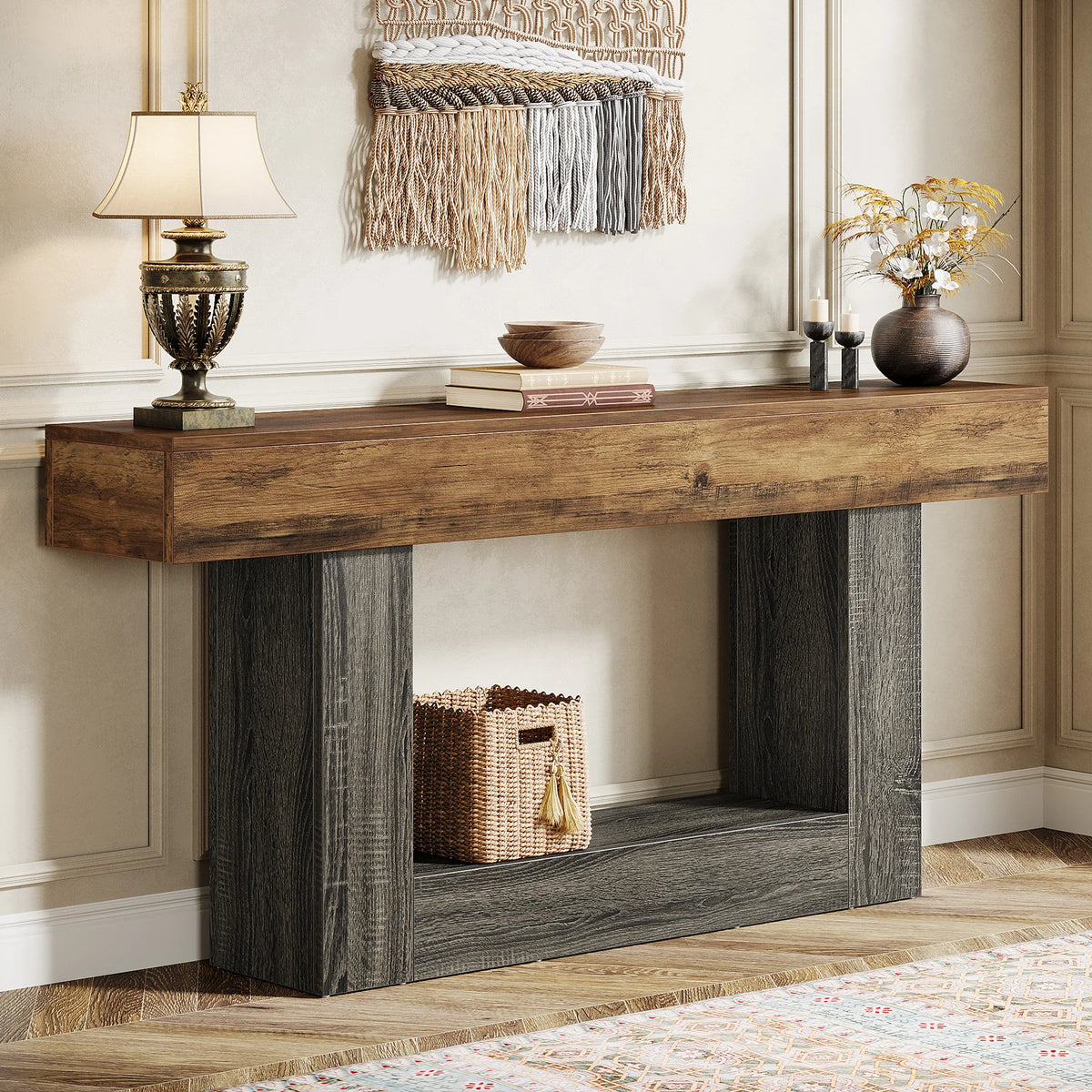 Tribesigns Farmhouse Two Tier Wood Console Table For Living Room