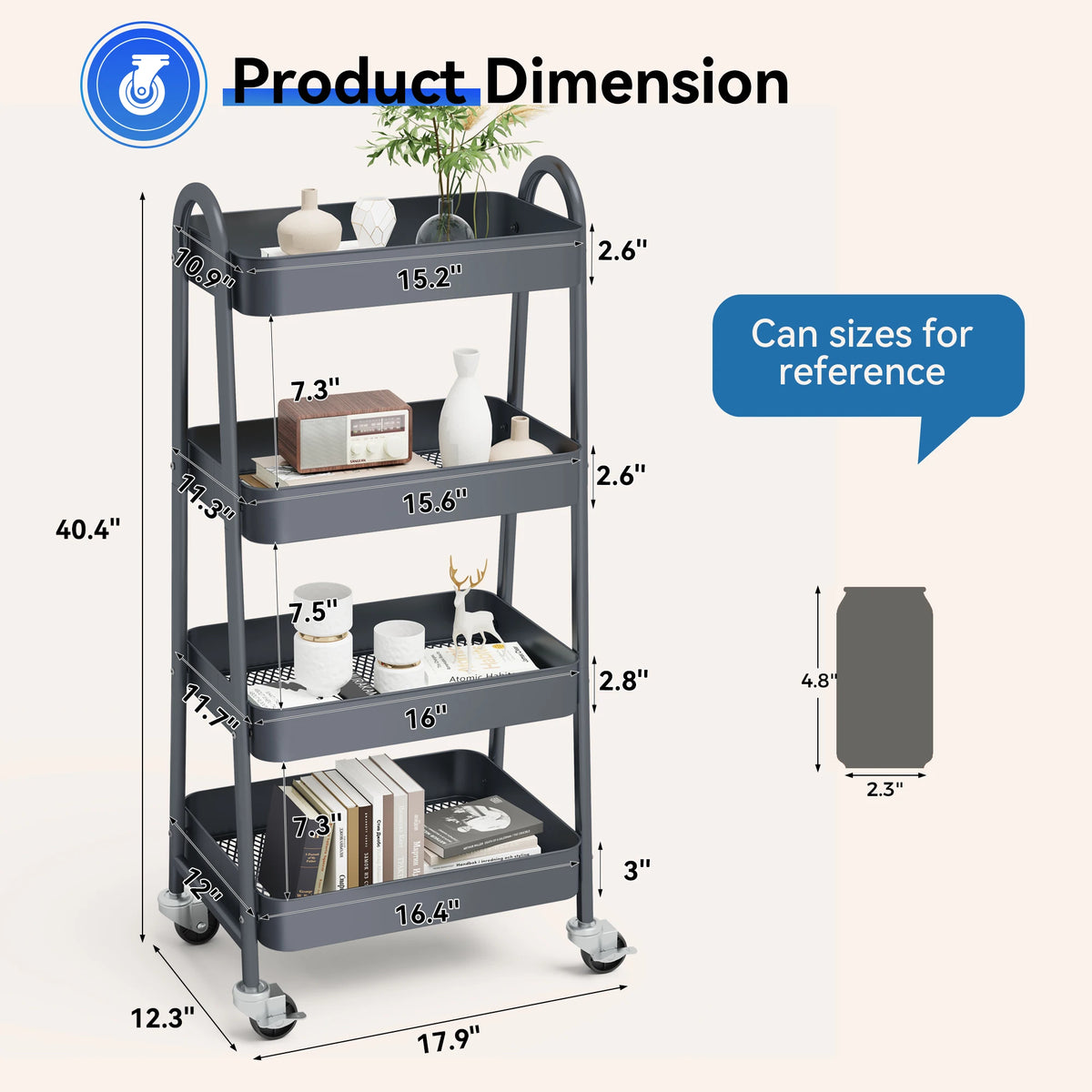 JHK 4 Tier Rolling Storage Cart With Lockable Caster Wheels