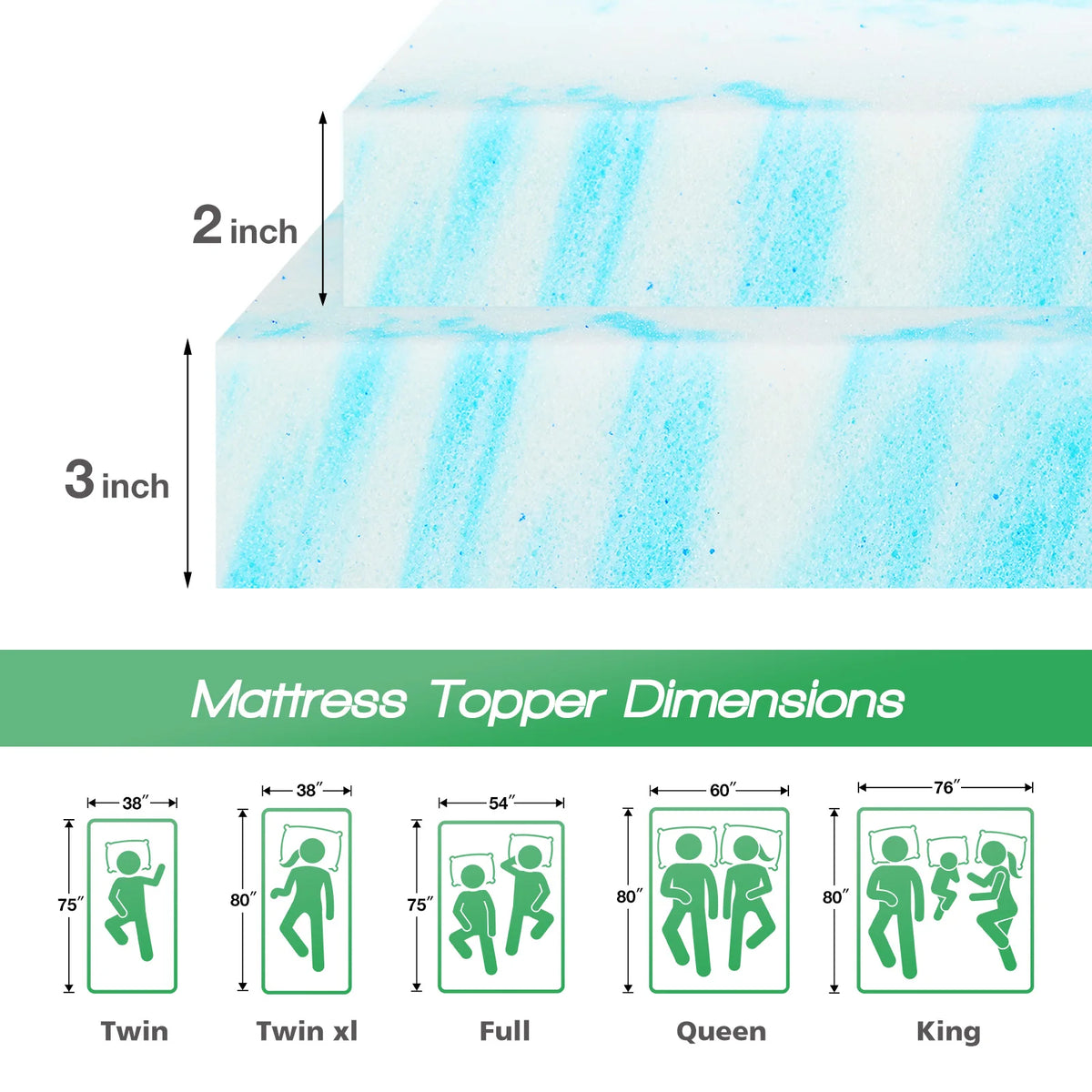 JHK Gel Memory Foam Mattress Topper Cooling Breathable Bed Comfort