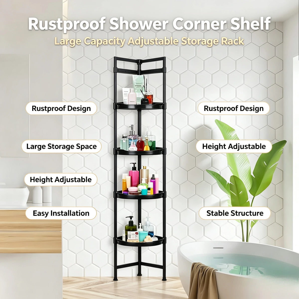 Rust Proof Corner Shower Caddy Featuring Telescopic Tension Pole
