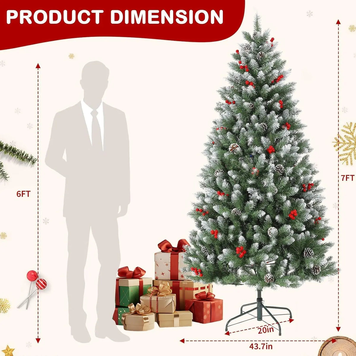HiMISS Snow Flocked Artificial Christmas Tree With Pine Cone Berries