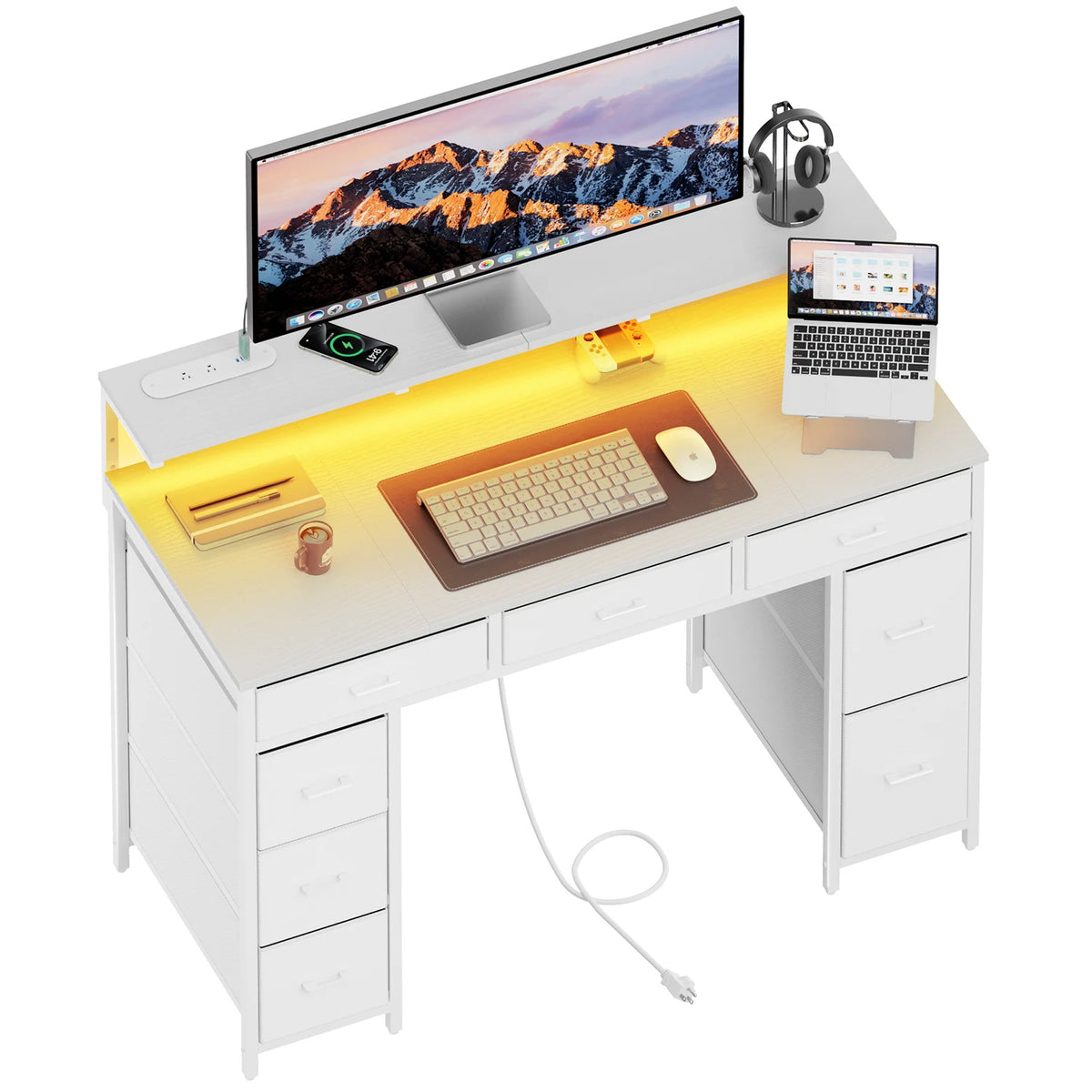 FRODROVIA Modern Computer Desk With Storage Drawers And Led Lights