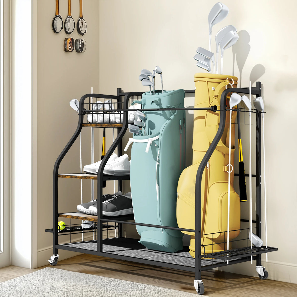 Three Tier Rolling Metal Sports Equipment Storage Organizer Rack
