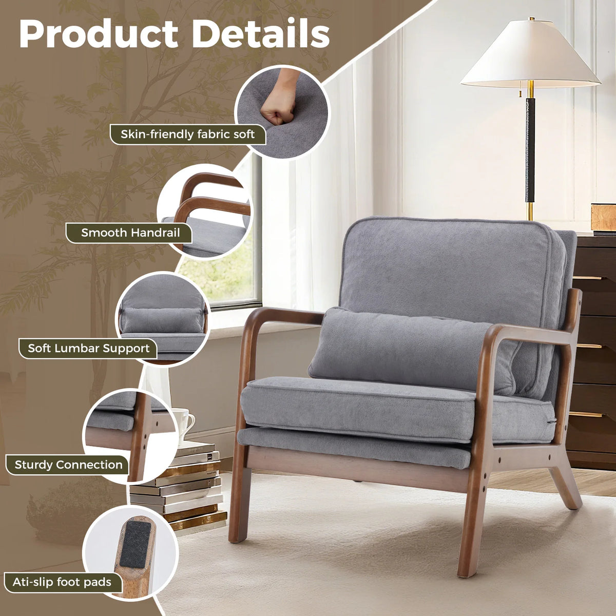 JHK Mid Century Modern Wooden Frame Accent Chair With Cushion