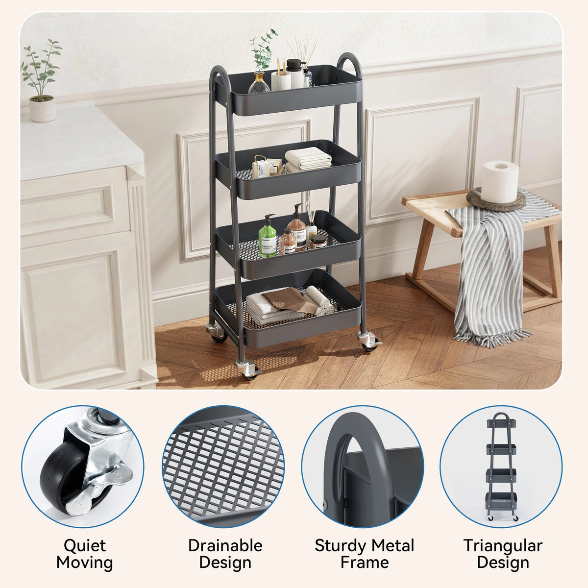 JHK 4 Tier Rolling Storage Cart With Lockable Caster Wheels