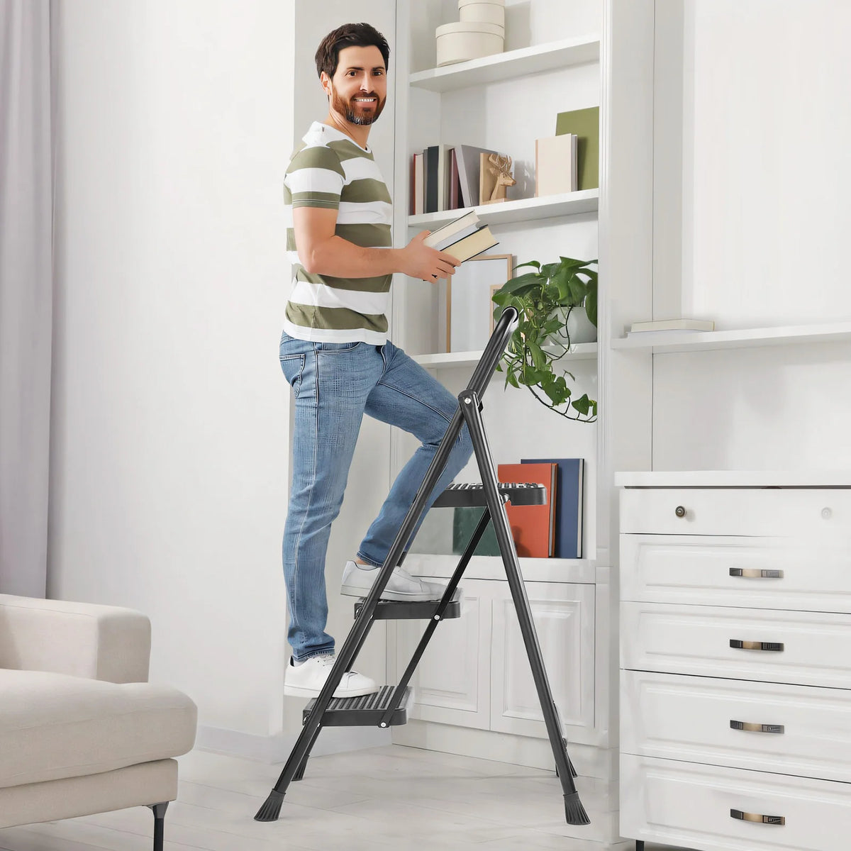 JHK Foldable Steel Step Ladder With Anti Slip Pedals