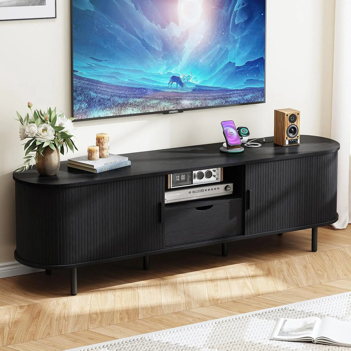 Onbrill Modern TV Console With Power Outlet Storage and Drawer