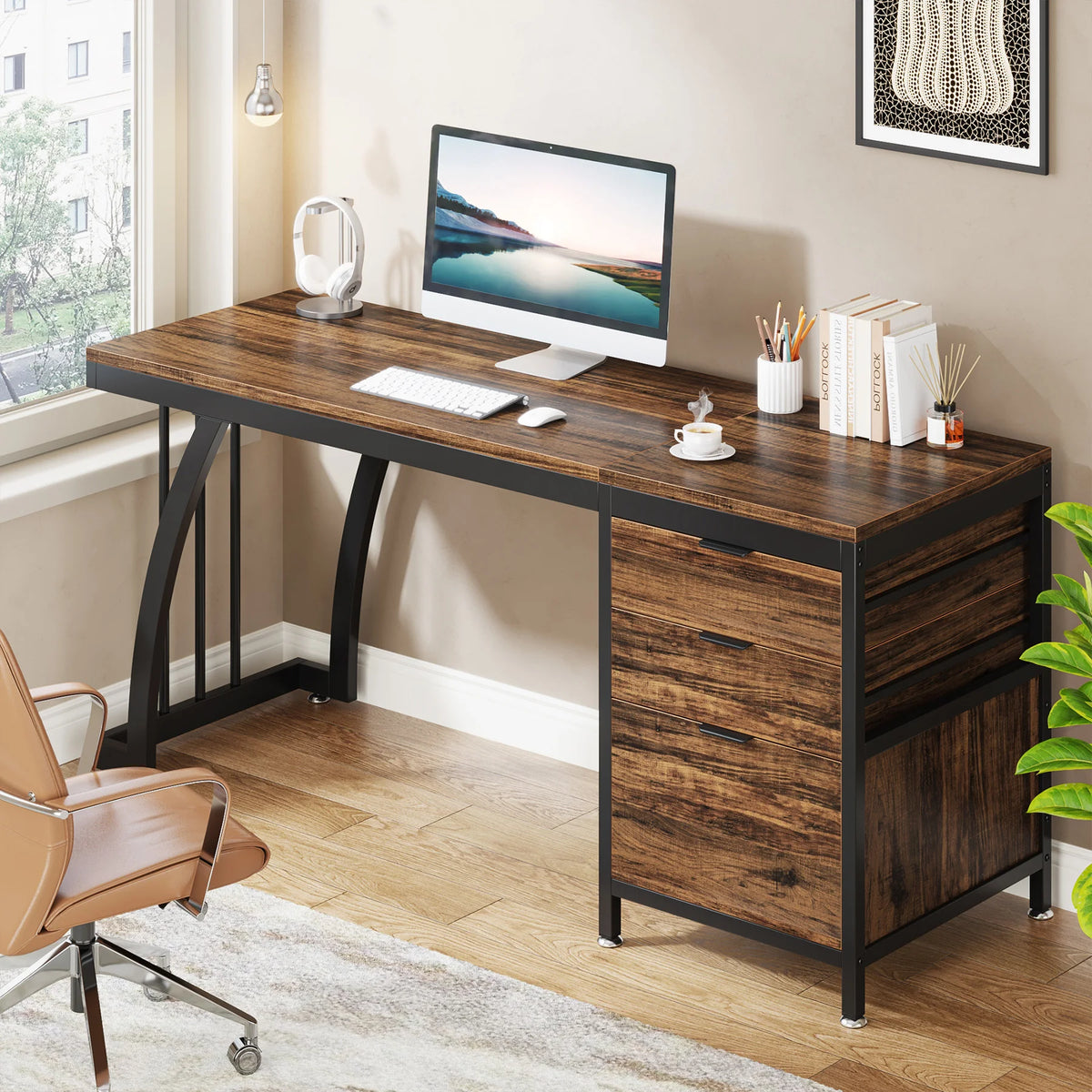 Tribesigns Industrial PC Desk Three Reversible Wooden Drawers Writing Table