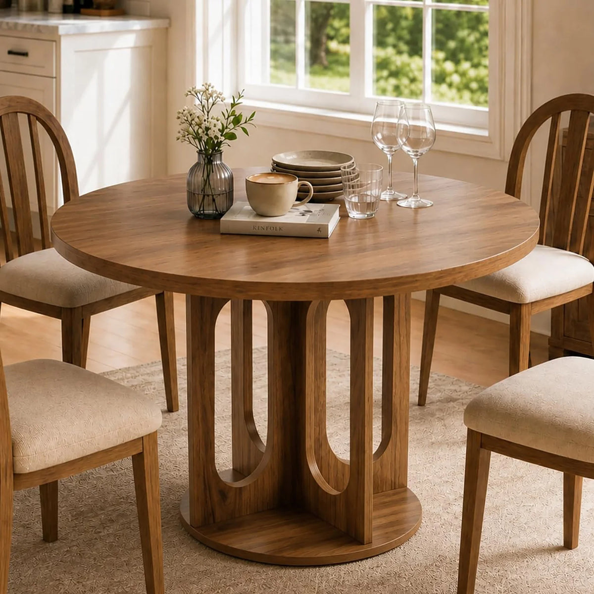 HiMiss Modern Round Dining Table With Arch Pedestal Wooden Base