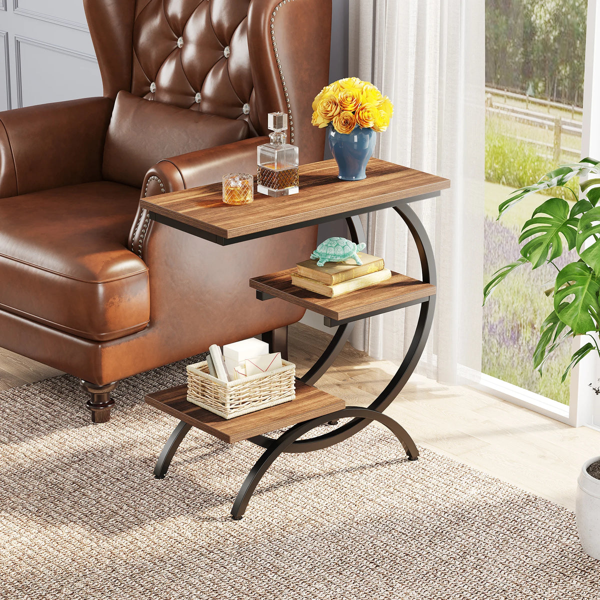 Tribesigns Industrial C Shaped End Table With Storage Shelves