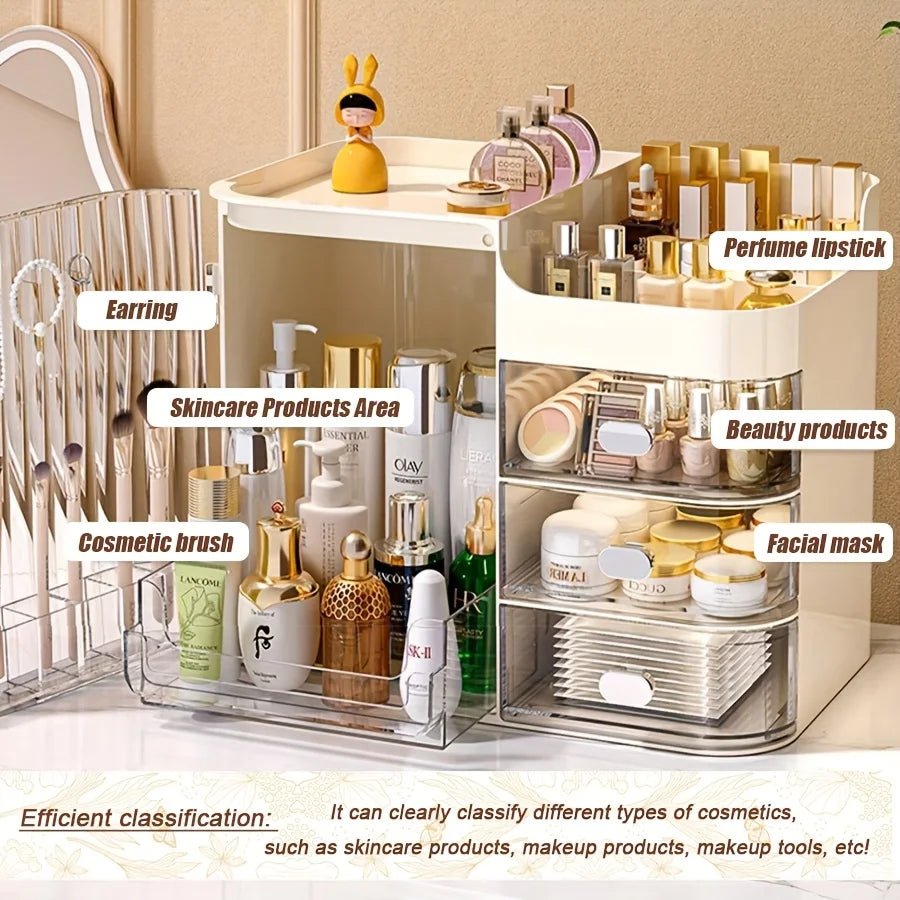 Freestanding Three Drawer Makeup Organizer With Mirror
